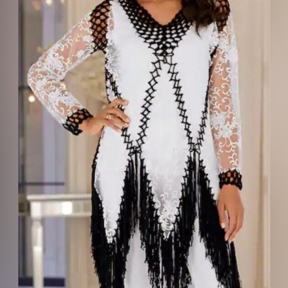 midnight velvet Embroidered sheer tunic top with crochet trim asymmetric fringe